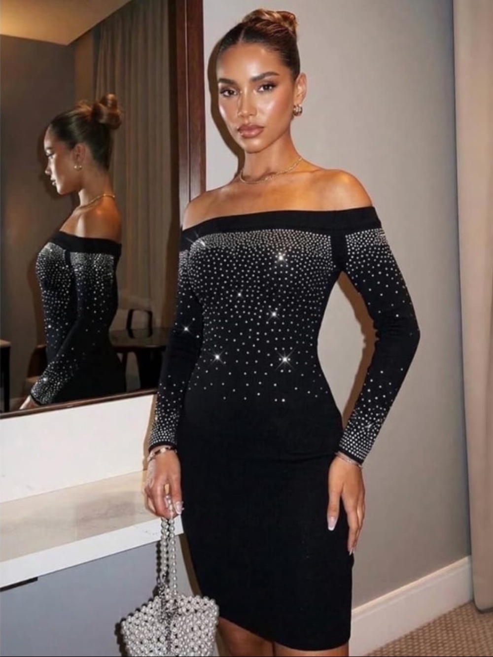 Off-Shoulder Black Mini Dress with Rhinestone Embellishment Size XL NWT